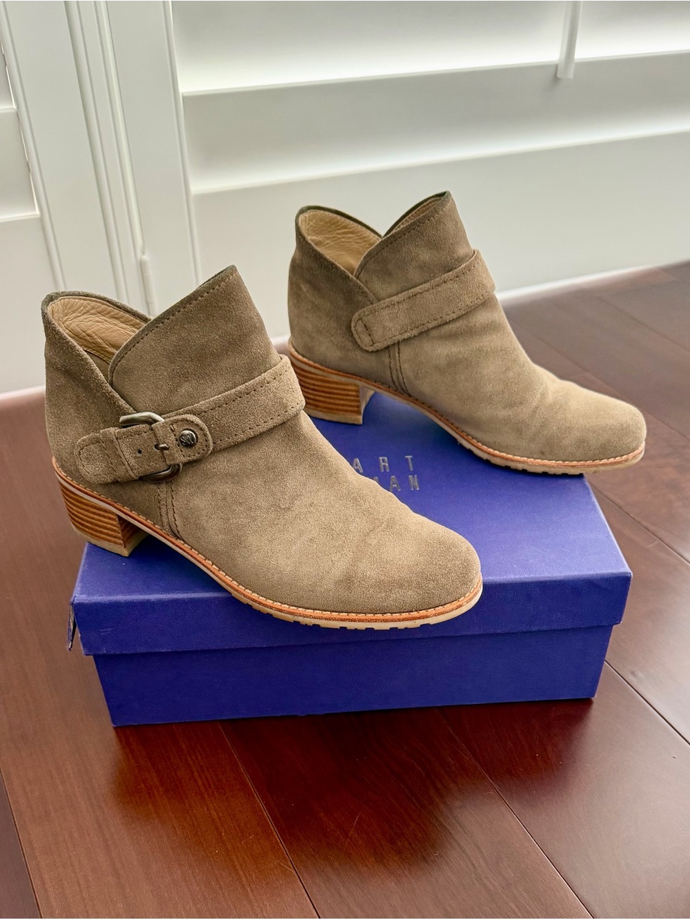 Stuart Weitzman Taupe Suede Buckle Ankle Booties
